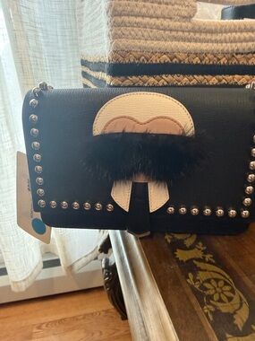 Fendi / Karl Lagerfeld Black Clutch with White Trim and Faux Fur Accent